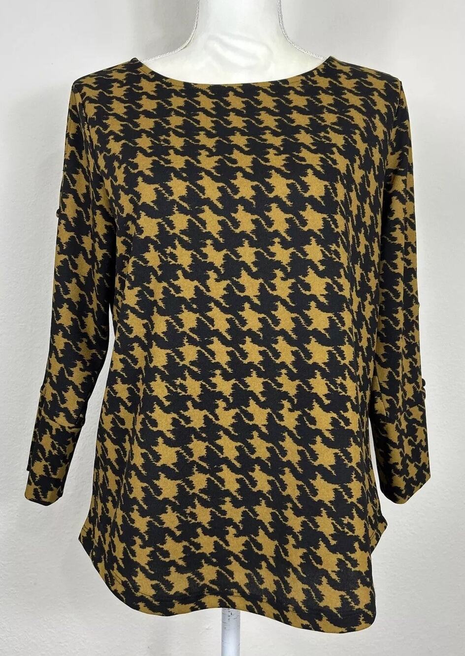 Ann Taylor Factory Herringbone Blouse Medium Black Gold 3/4 Sleeve